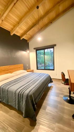 马萨米特拉Cabaña de lujo 2 habitaciones con Jacuzzi Dentro del Bosque a 10 min del Pueblo的一间卧室配有一张床、一张书桌和一个窗户。