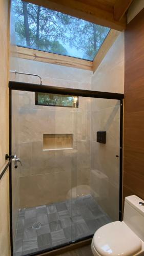 马萨米特拉Cabaña de lujo 2 habitaciones con Jacuzzi Dentro del Bosque a 10 min del Pueblo的浴室设有玻璃淋浴间和卫生间