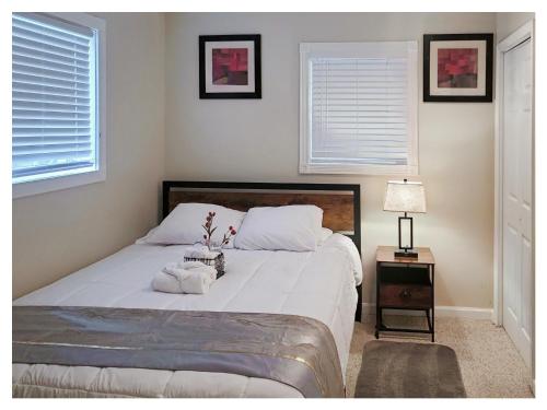 亚历山德里亚Modern Comfort Stays的卧室设有一张白色大床和两个窗户。