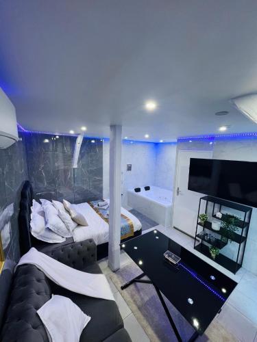 圣但尼Room & Jacuzzi - Stade de France的一间带沙发、电视和浴缸的卧室