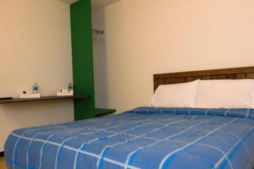 圣何塞CALLE 36的一间卧室配有一张蓝色的床,拥有绿色的色调
