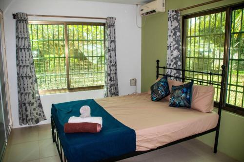 南迪Fijian Homestay - 3 bedroom house的一间卧室配有一张带蓝色床单和窗户的床。