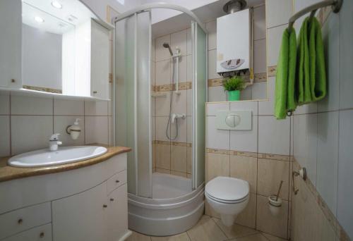 索波特Green Room Sopot的带淋浴、卫生间和盥洗盆的浴室