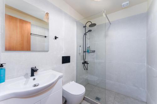 LímniKaminos Evia的浴室配有卫生间、盥洗盆和淋浴。