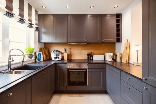 凯图姆Reethus Keitum的厨房配有灰色橱柜、水槽和水槽。