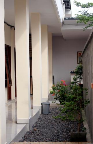TjakranegaraDjembank Hotel的白色柱子和植物的建筑走廊
