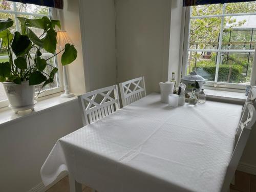NyhamnslägeNyhamnsläge med sundsutsikt och nära till strand.的白色桌布和植物