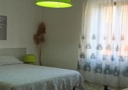 奥尔贝泰洛Orbetello Appartamento accogliente con parcheggio gratuito的一间卧室设有一张床和一个绿灯窗户