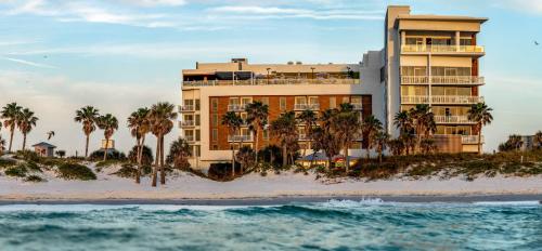 克利尔沃特The Hiatus Clearwater Beach, Curio Collection By Hilton的棕榈树和海洋海滩上的酒店