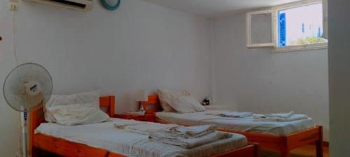 皮索利瓦迪Καραμπεικο的配有风扇和窗户的客房内的两张床