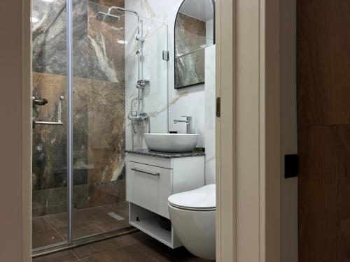巴统Feel Georgia的浴室配有卫生间、盥洗盆和淋浴。