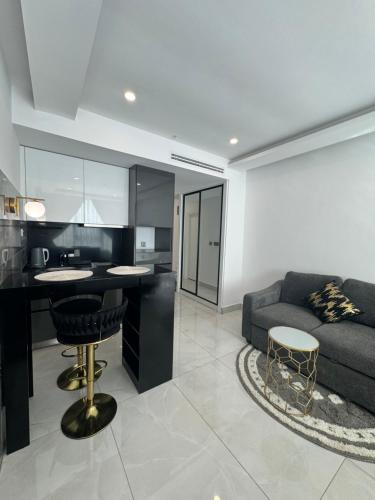 阿克拉Deluxe Studio Apartments at Kass Towers Accra - Upper Floor By VP Properties的厨房以及带沙发和桌子的客厅。