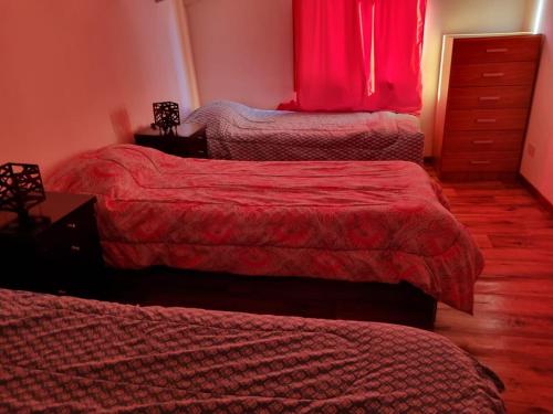 乌斯怀亚Cabaña Ceferino Ushuaia的一间卧室设有三张床和红色窗户