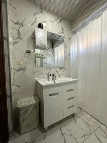 库塔伊西Rustaveli Apartment 113的白色的浴室设有水槽和镜子