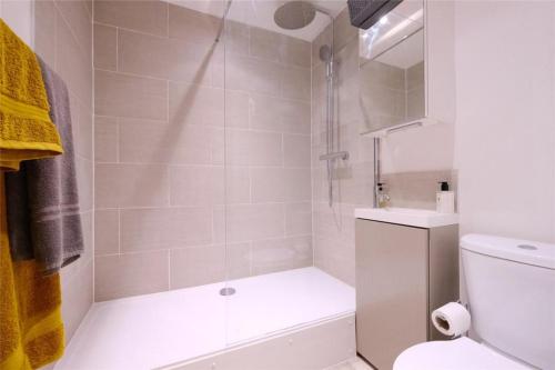 KentChic & Modern Flat: Perfect for Exploring Kent!的带淋浴、卫生间和盥洗盆的浴室