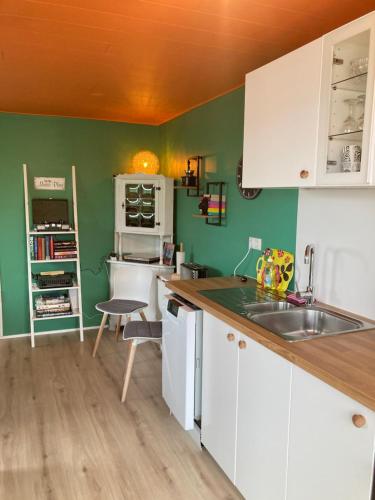 格仑达积图The Cat’s Cradle的厨房配有白色橱柜和绿色墙壁