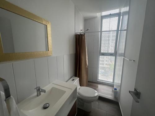 危地马拉Apartamento Mónaco的一间带水槽、卫生间和镜子的浴室