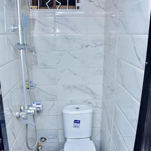 拉各斯THRIVEMAX HOTEL AND SUITE的白色瓷砖浴室设有卫生间和淋浴。