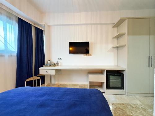 博德鲁姆纳斯住宿加早餐旅馆的一间卧室配有一张床和一张书桌及电视