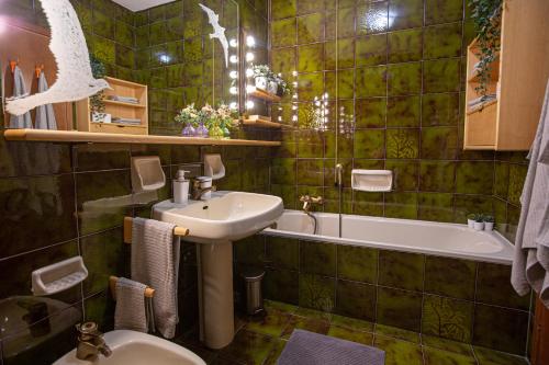 塔尔维西奥La Casa di Carmen的绿色瓷砖浴室设有水槽和浴缸