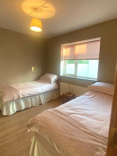 特拉利Kilmore Beach Apartment的一间卧室设有两张床和窗户。