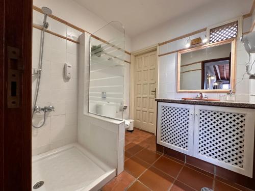 阿古洛Villa Delfines的带淋浴、盥洗盆和卫生间的浴室