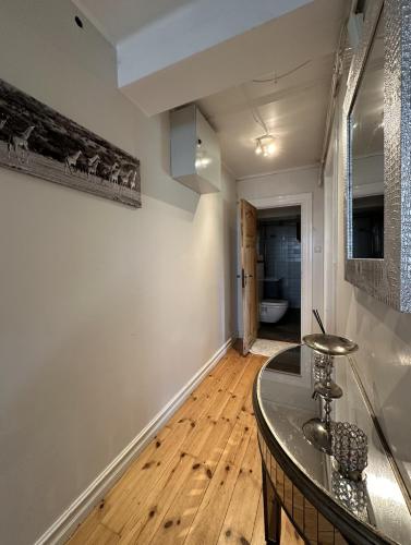 雷克雅未克Reykjavik Urban Escape 2-Bedroom Haven with Private Entrance的一间铺有木地板的带玻璃桌的用餐室