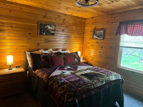 Long LakeThe Lazy Bear Cabin的小木屋内一间卧室,配有一张床