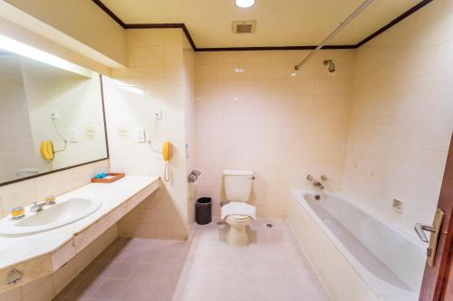 Klandasan KecilAdika Hotel Bahtera的浴室配有盥洗盆、卫生间和浴缸。