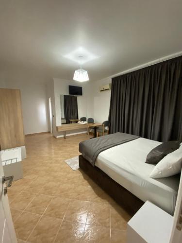 LushnjëHotel Monte Rei的一间卧室配有一张床、一张书桌和一台电视