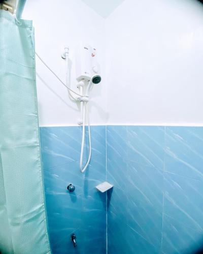 塔比拉兰Charming Duplex Apartment的带淋浴的浴室和蓝色瓷砖墙