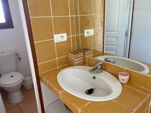 维琪奥港Charmante maison de village的一间带水槽、卫生间和镜子的浴室