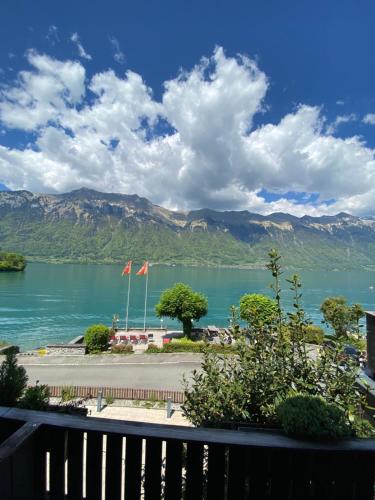 伊瑟尔特瓦尔德Boutique Hotel Bellevue B&B am Brienzersee Iseltwald Interlaken的享有以山脉为背景的湖泊美景
