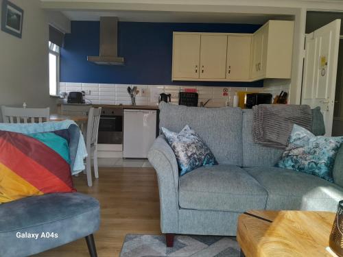 韦斯特波特Elmgrove Apartment , Croagh Patrick Westport的带沙发的客厅和厨房