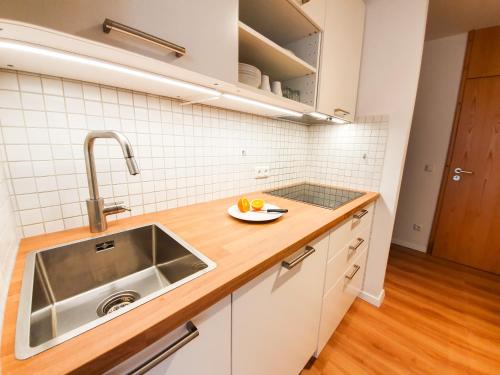 希格斯多夫Ferienwohnung Hammer - Alpenblick的厨房配有水槽和台面