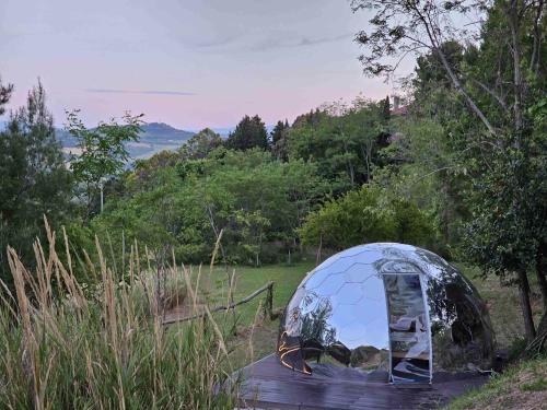佩萨罗Camping Paradiso的田野桌子上的圆顶帐篷