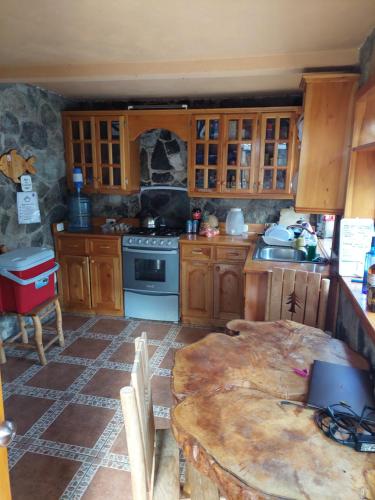San Antonio PalopóCASA TRIBU Family room的厨房配有木制橱柜和桌子。