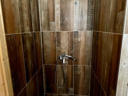 弗拉西克Microcastl的带淋浴的浴室和木墙