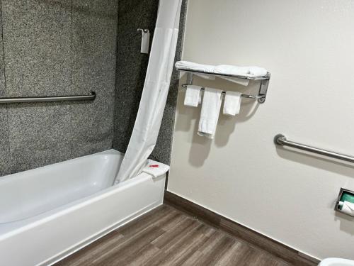 博蒙特Econo Lodge Beaumont I-10 South的浴室配有浴缸、淋浴和毛巾。