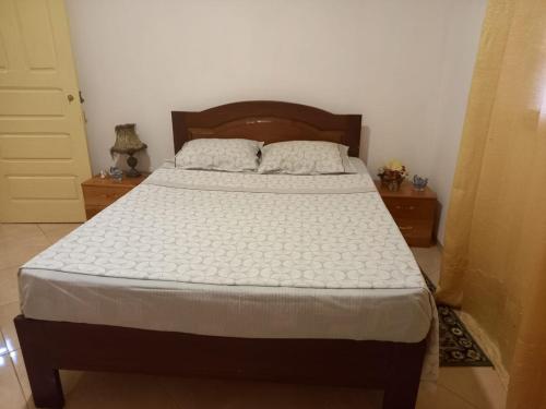 圣多美VIP Guest House Campo de Milho的一间卧室配有一张大床和木制床头板