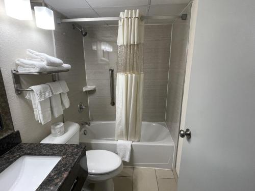 辛辛那提辛辛那提市中心品质套房酒店的浴室配有卫生间、盥洗盆和淋浴。