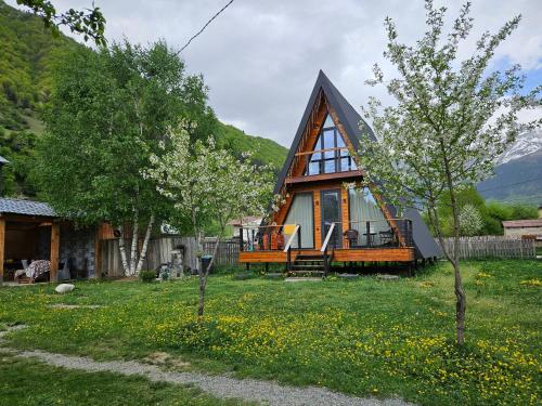 梅斯蒂亚B&B Cottage in Mestia的庭院中带茅草屋顶的小房子