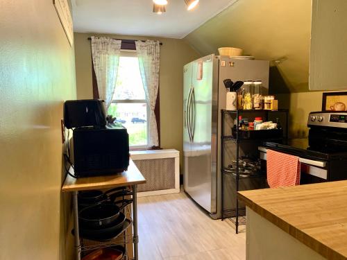 奇科皮Cozy 2nd Floor Apartment With Private Entrance的厨房配有冰箱和带微波炉的桌子。