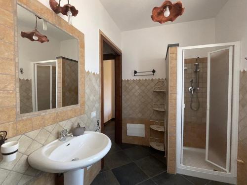 多尔加利Residenza di Campagna Dolmen Motorra的一间带水槽、淋浴和镜子的浴室