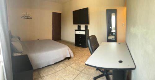 萨尔蒂约Habitación Roble的一间卧室配有一张床、一张书桌和一台电视