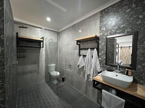 圣卢西亚Villa da Lucia的一间带水槽、卫生间和镜子的浴室