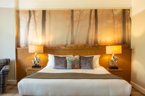 因弗内斯摩尔峡谷酒店的一间卧室配有一张大床和两盏灯