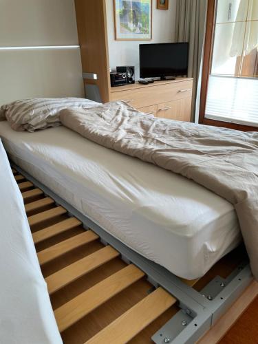 巴特欣德朗Ferienwohnung Niklas inklusive Bad Hindelang Plus的一张床上床架