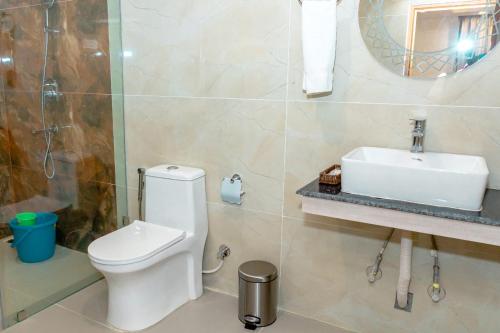 加德满都Hotel Badrinath的一间带卫生间和水槽的浴室