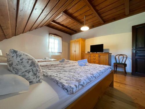 RogatecHouse Donačka Gora的一间卧室设有一张带木制天花板的大床